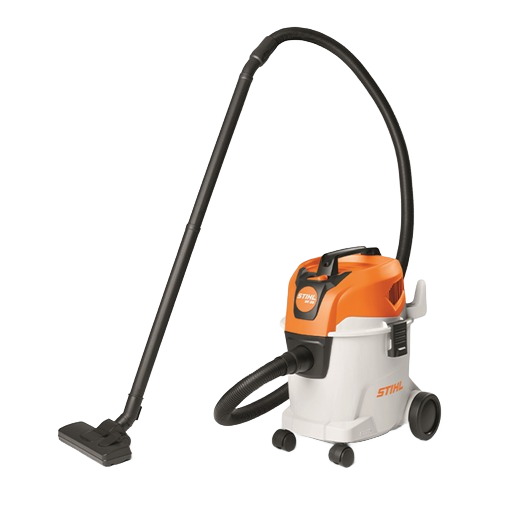 Compact orange and white wet dry vacuum with flexible hose and wheeled base for home improvement cleaning tasks