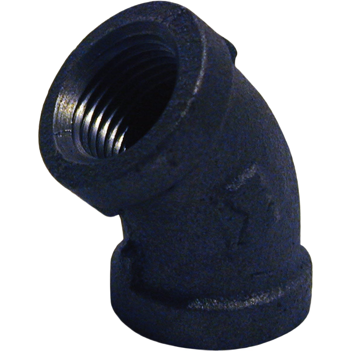 Black malleable iron 45-degree elbow pipe fitting for plumbing, included in Pipes & Fittings and Under $50 collections
