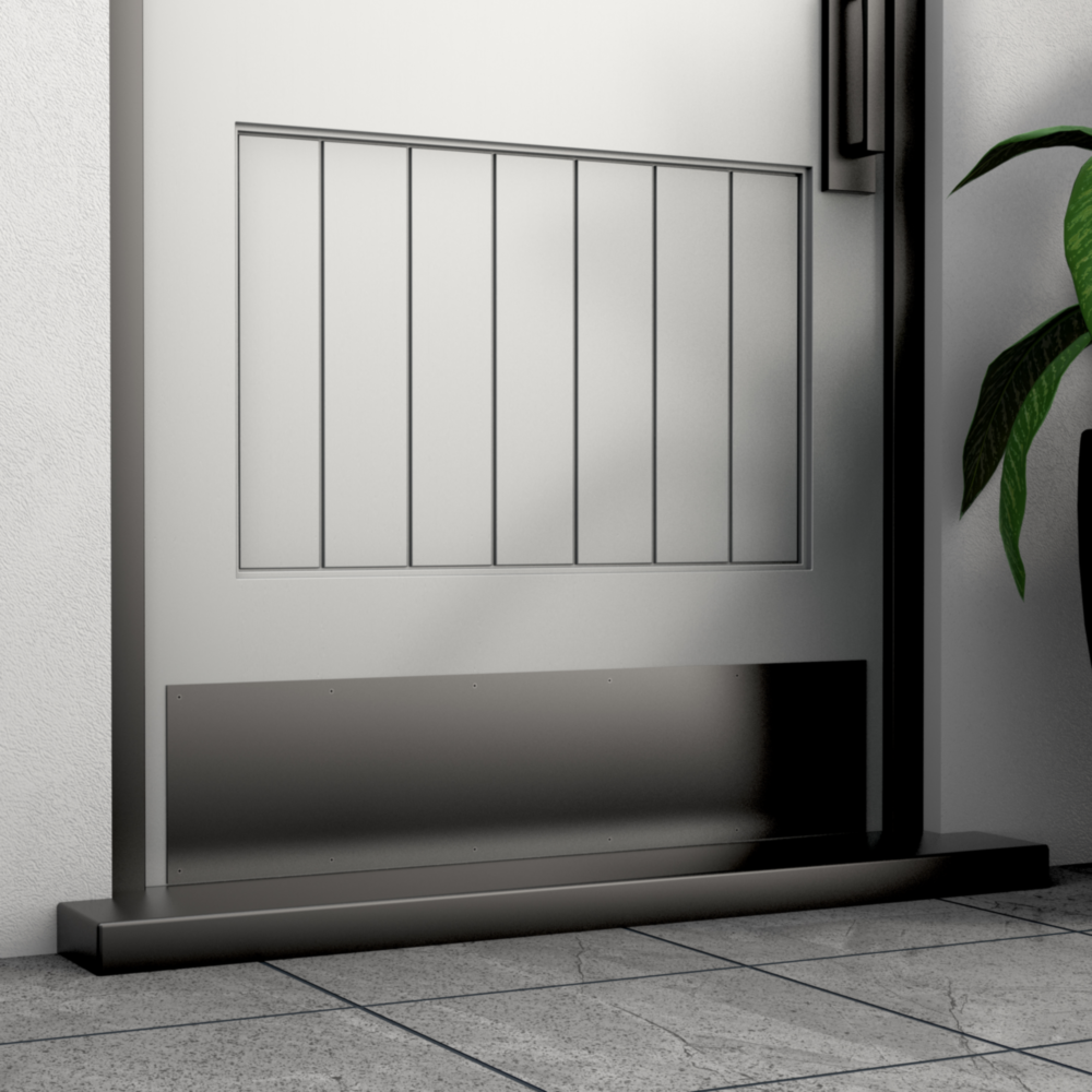 Matte black aluminum kickplate installed on gray door in door accessories and hardware collections under $50 and $100