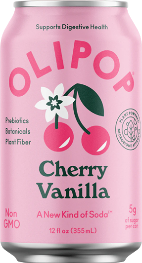 Pink can of Olipop Cherry Vanilla Prebiotic Soda with cherry and vanilla graphics, part of Drinks and Food & Beverage collections