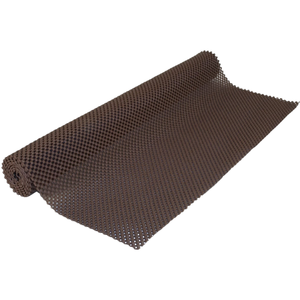 Roll of chocolate-colored textured non-adhesive shelf liner offering cushioned grip for kitchenware and storage organization
