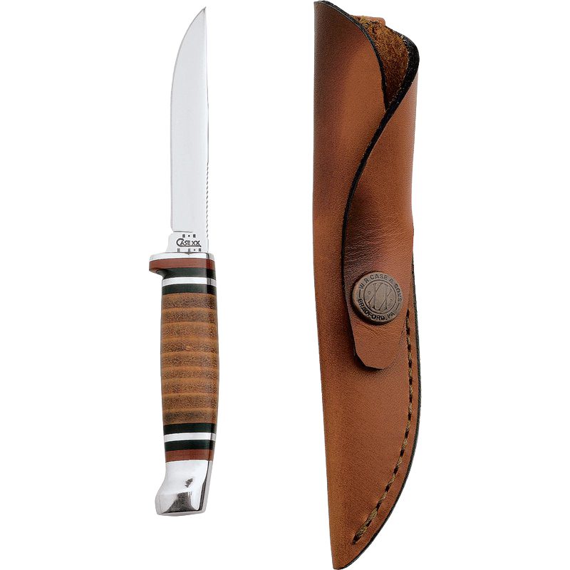 Fixed-blade hunting knife with stacked leather handle and brown leather sheath, part of Cutting Tools and Hand Tools collections