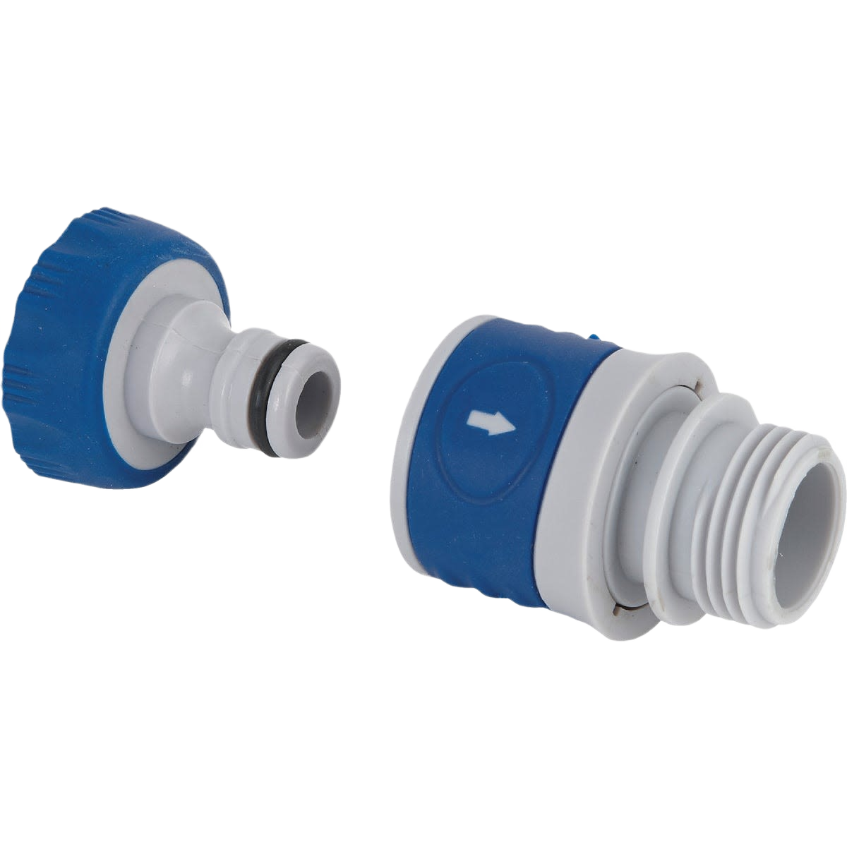 Pair of white and blue poly quick connect faucet connectors with threaded and push-fit ends for garden use