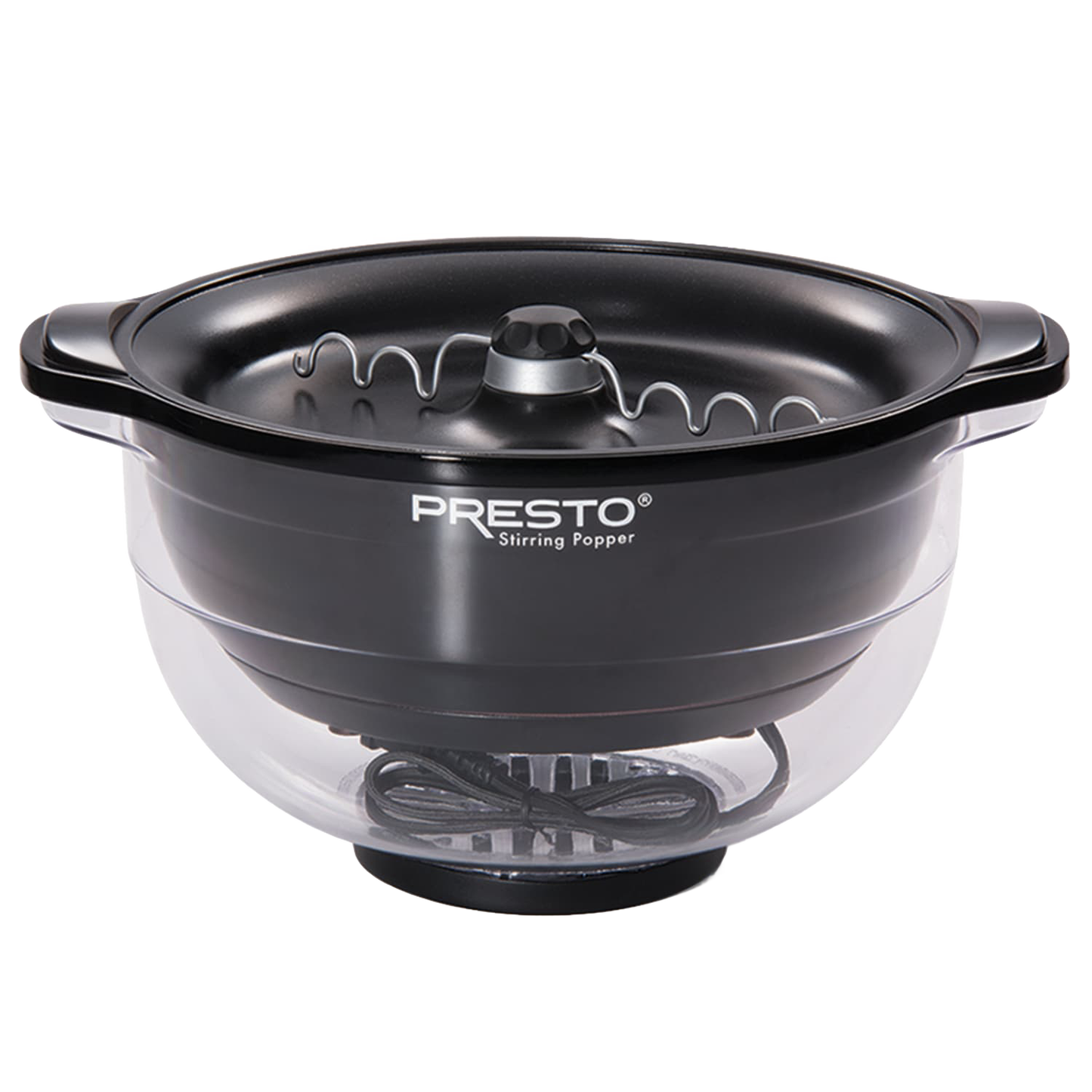 Black and clear electric popcorn popper with built-in stirring mechanism for small kitchen appliances and gadget use