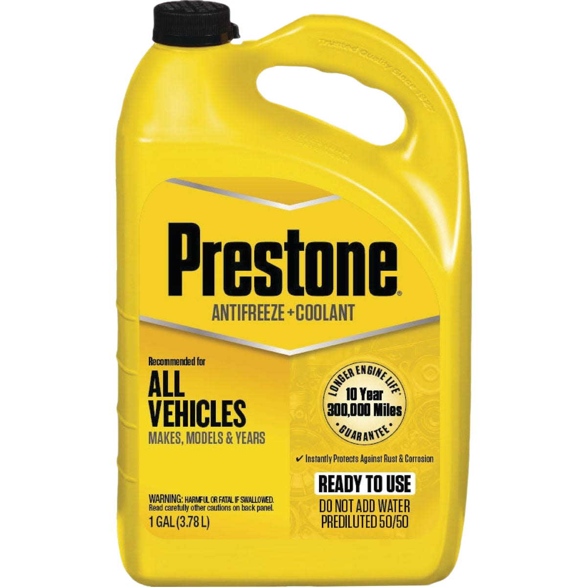 Yellow container of Prestone antifreeze coolant blend for all vehicles with rust and corrosion protection under $50 automotive fluid