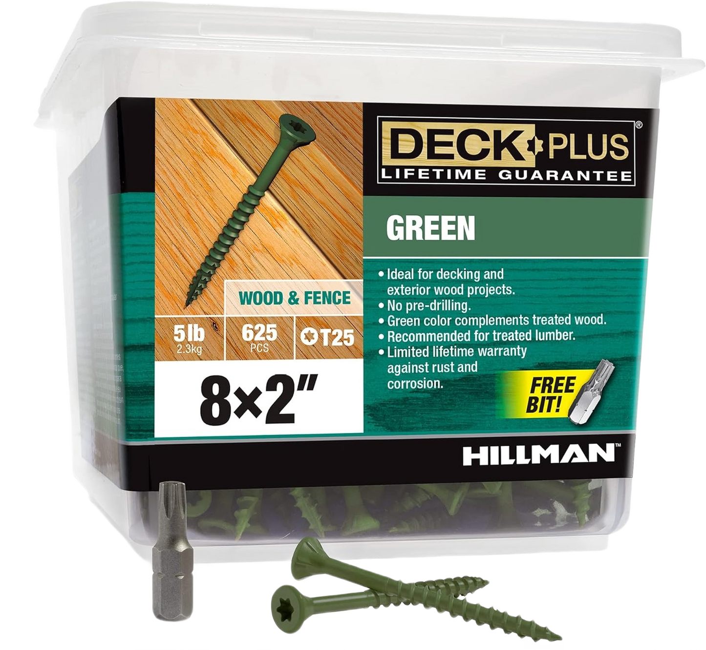 Clear plastic container of green deck screws with two green screws and a drill bit on hardwood background in Hardware collection