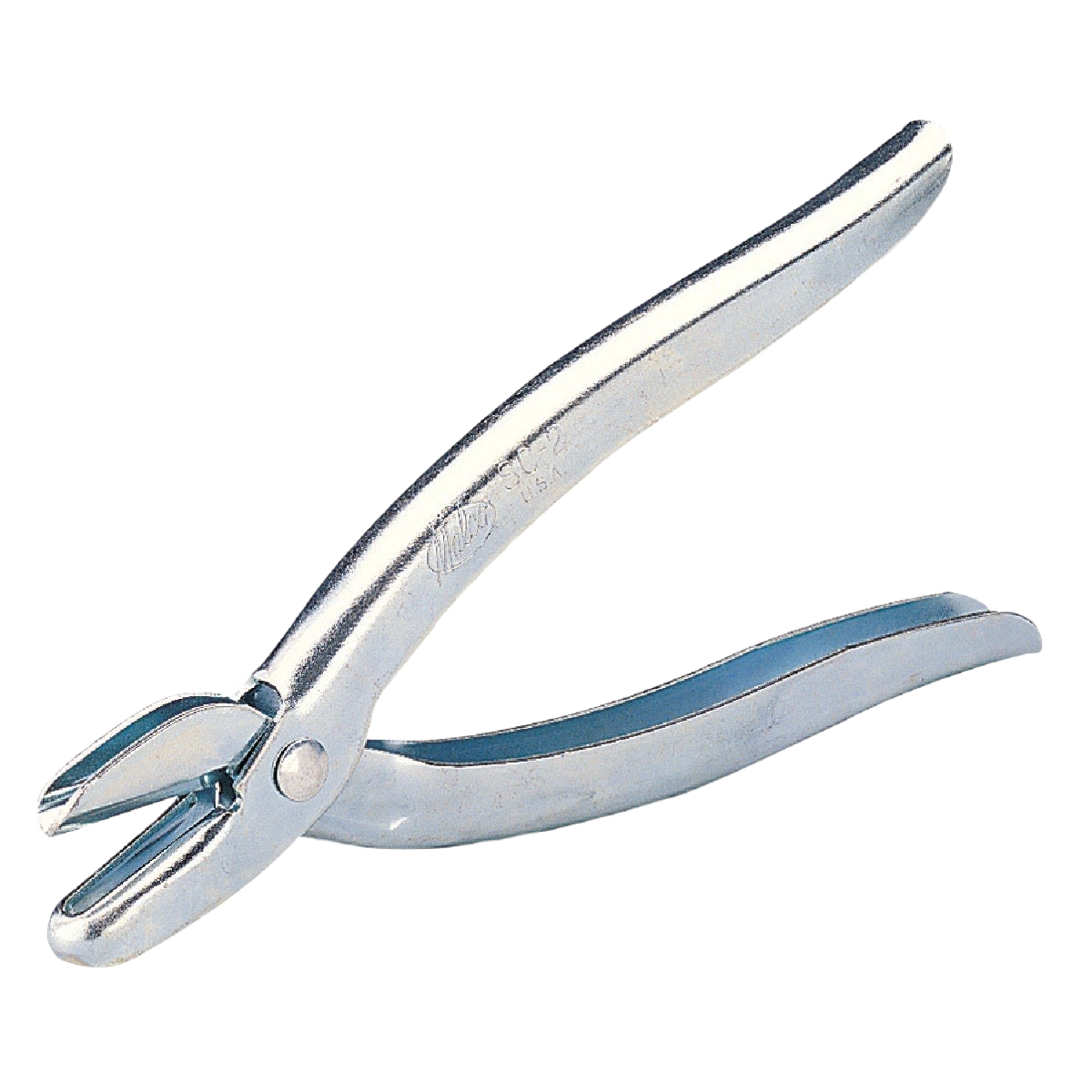 Metal tool with curved handles for crimping downspouts in home improvement tasks
