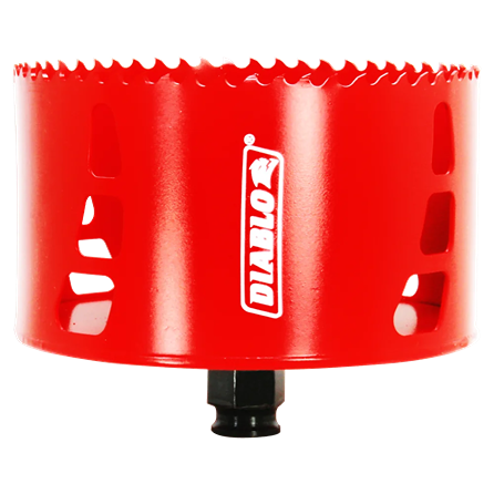 Red metal 4-1/2-inch hole saw with sharp teeth for woodworking tools in home improvement projects