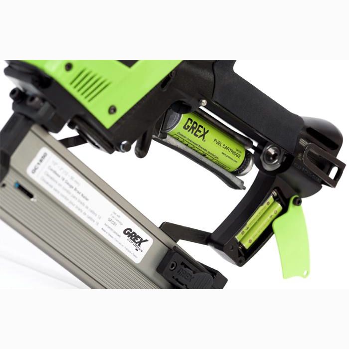 Close-up of green and black cordless brad nailer showing the fuel cartridge for efficient home improvement projects