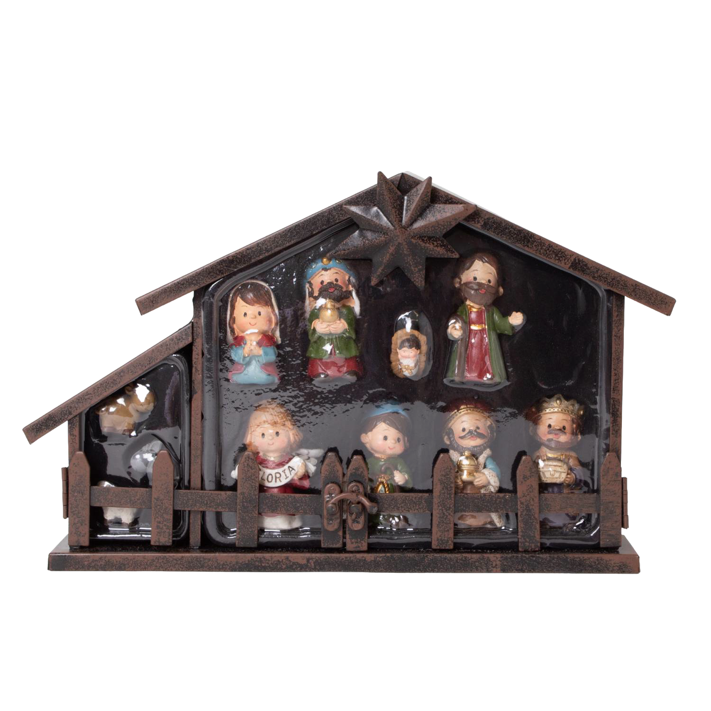 Small 11-piece nativity set with metal creche and colorful figurines for Christmas and Nativity Scenes collection
