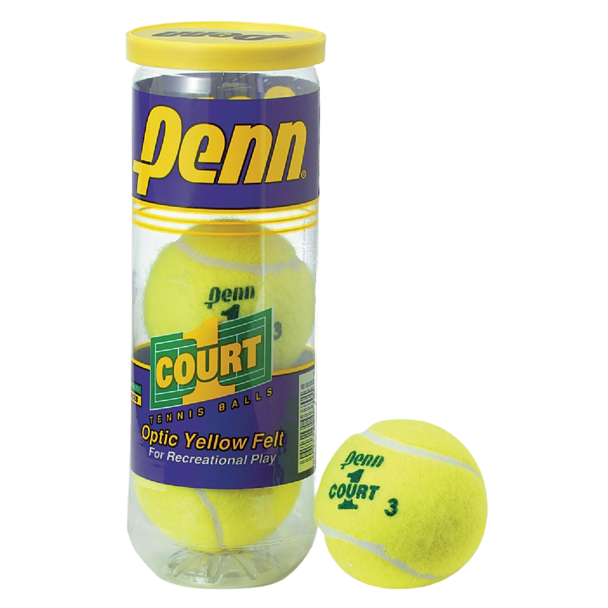 Clear plastic container with yellow capped lid holding optic yellow felt tennis balls for recreational use