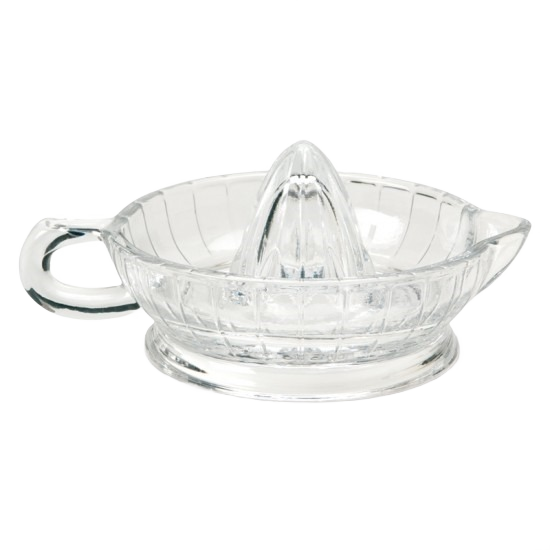 Clear glass juicer with spout and handle for easy pouring, designed for fresh citrus juice extraction and filtering