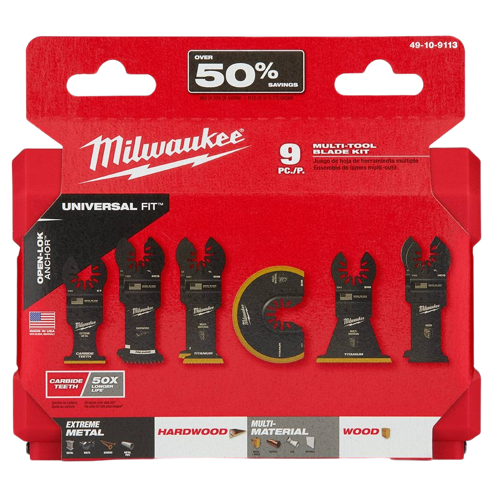 Set of nine black multi-tool blades with titanium and carbide teeth in red retail packaging for home improvement use
