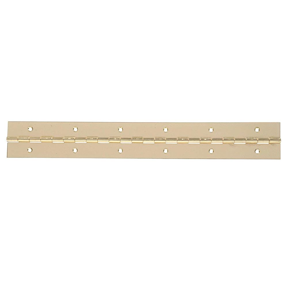 Brass continuous hinge with multiple pre-drilled holes for cabinet and furniture hardware in home improvement collection