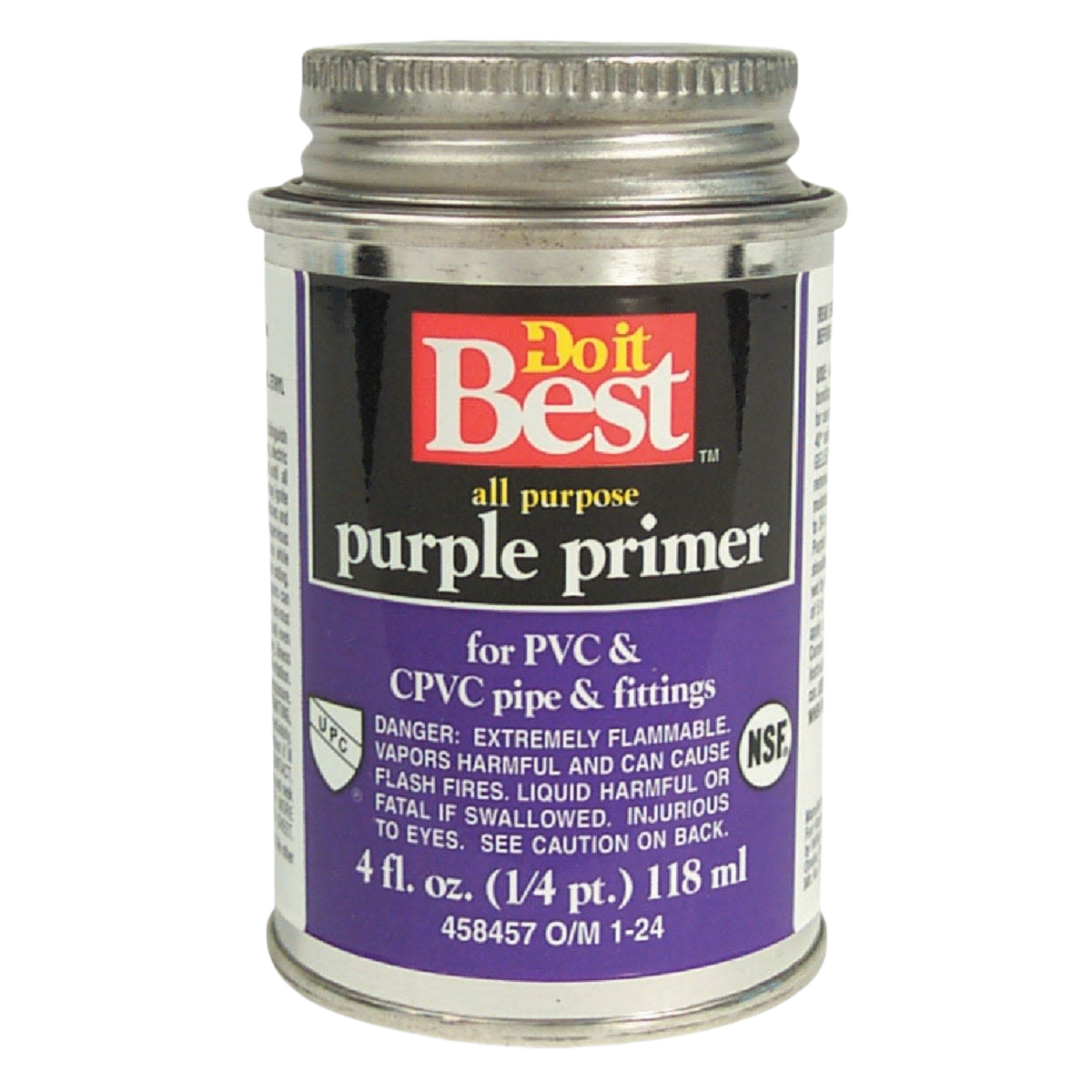 Small metal can of purple primer for PVC and CPVC pipes and fittings used in home improvement projects