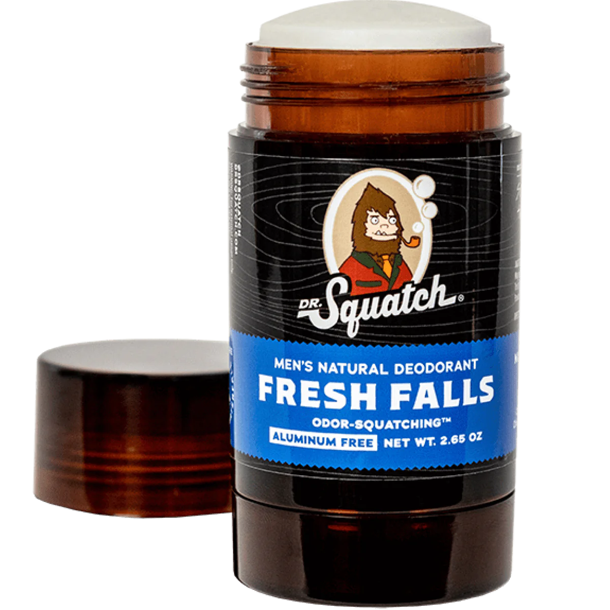Brown plastic deodorant stick container with blue label featuring natural men's freshness scent branding and open cap nearby