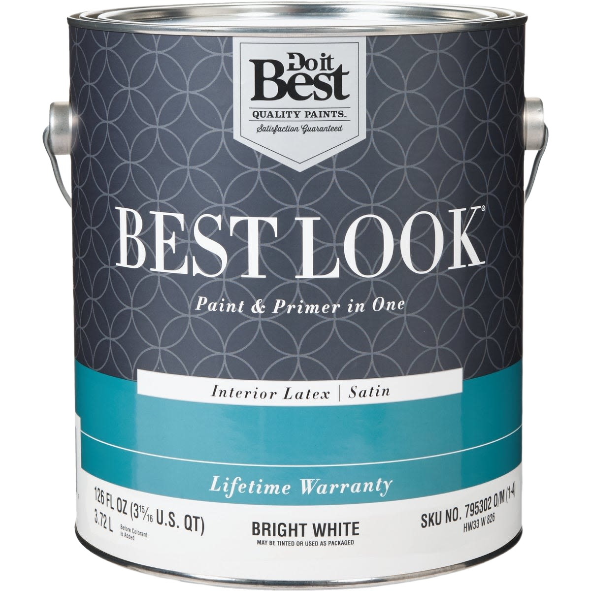 One gallon can of bright white interior latex satin paint and primer for home improvement projects