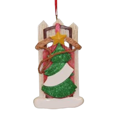Wooden sled Christmas ornament with green glitter tree, yellow star, and red ribbon for holiday decorations under $50