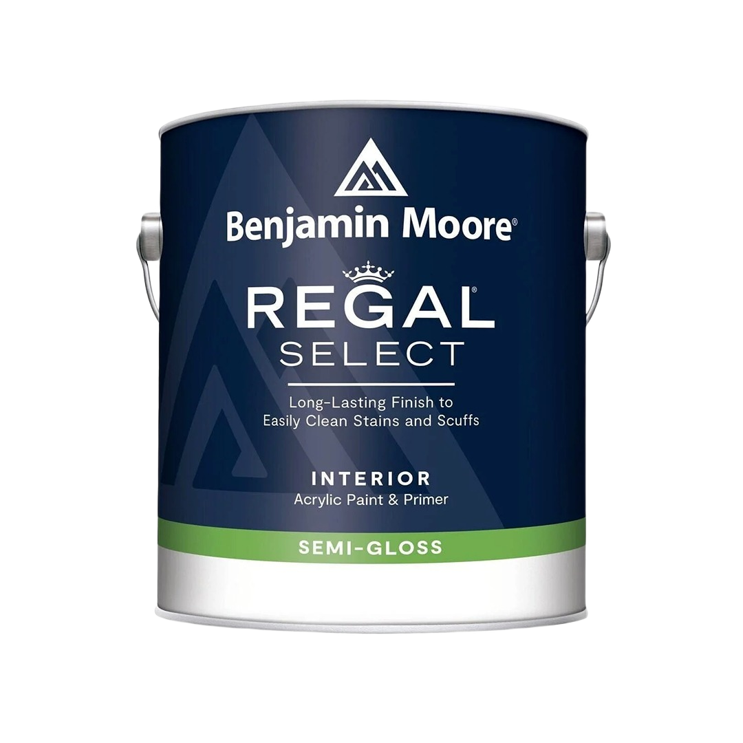 Benjamin Moore Regal Select semi-gloss interior paint can in blue and white for home improvement projects