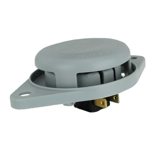 Gray plastic operator presence switch with mounting holes and metal electrical connectors for tools and home improvement use