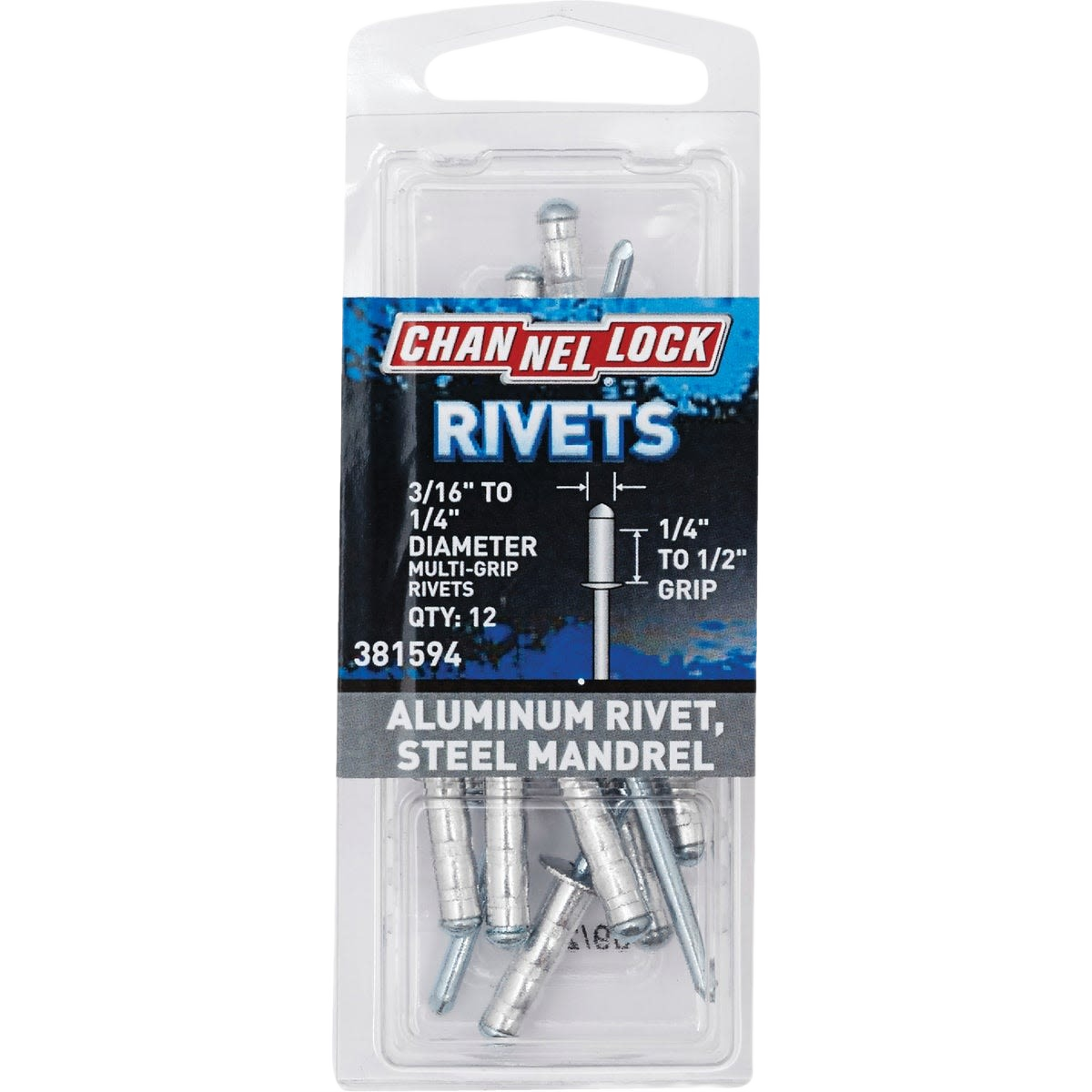 Clear plastic package of aluminum grip rivets with steel mandrels for fastening in hardware and tool accessories collections