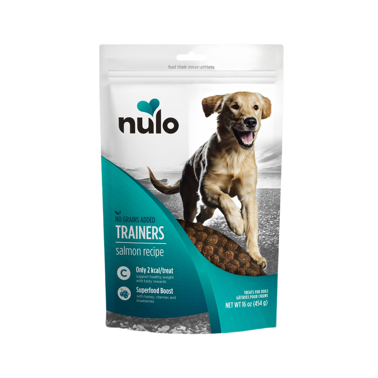 Resealable bag of salmon-flavored training treats with no grains, enriched with honey, cherries, and blueberries