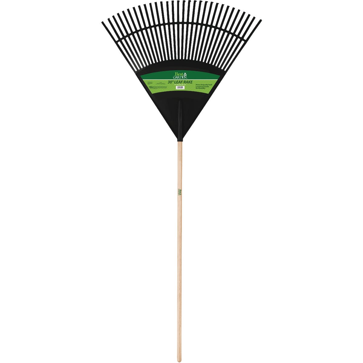 Leaf rake with wooden handle and flexible poly tines designed for garden cleanup and home improvement tasks