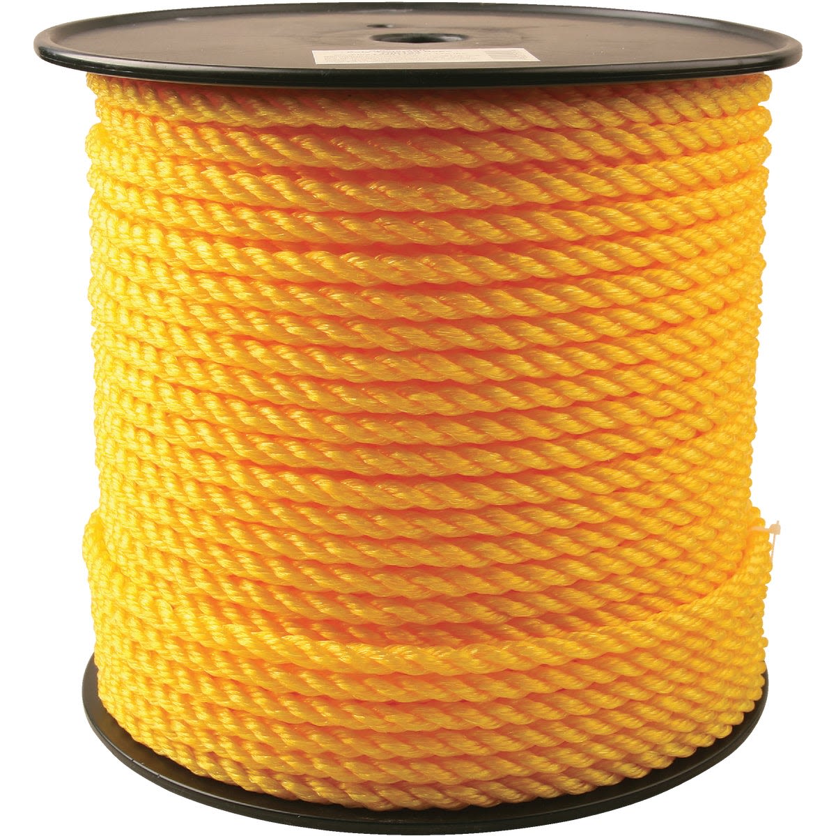 Large spool of bright yellow twisted polypropylene rope suitable for various tools and home improvement tasks