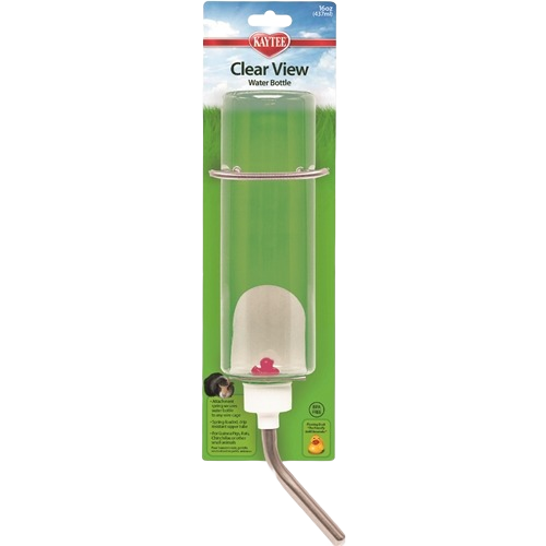 Clear cylindrical small animal water bottle with metal spout and white plastic lid for pet hydration needs