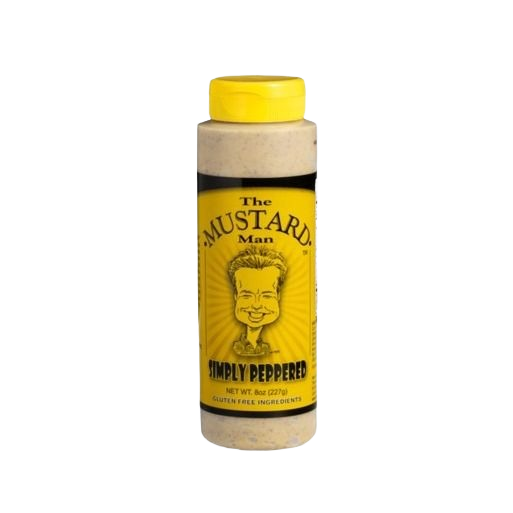 Bottle of Simply Peppered mustard with yellow label, part of grilling sauces and outdoor living collections