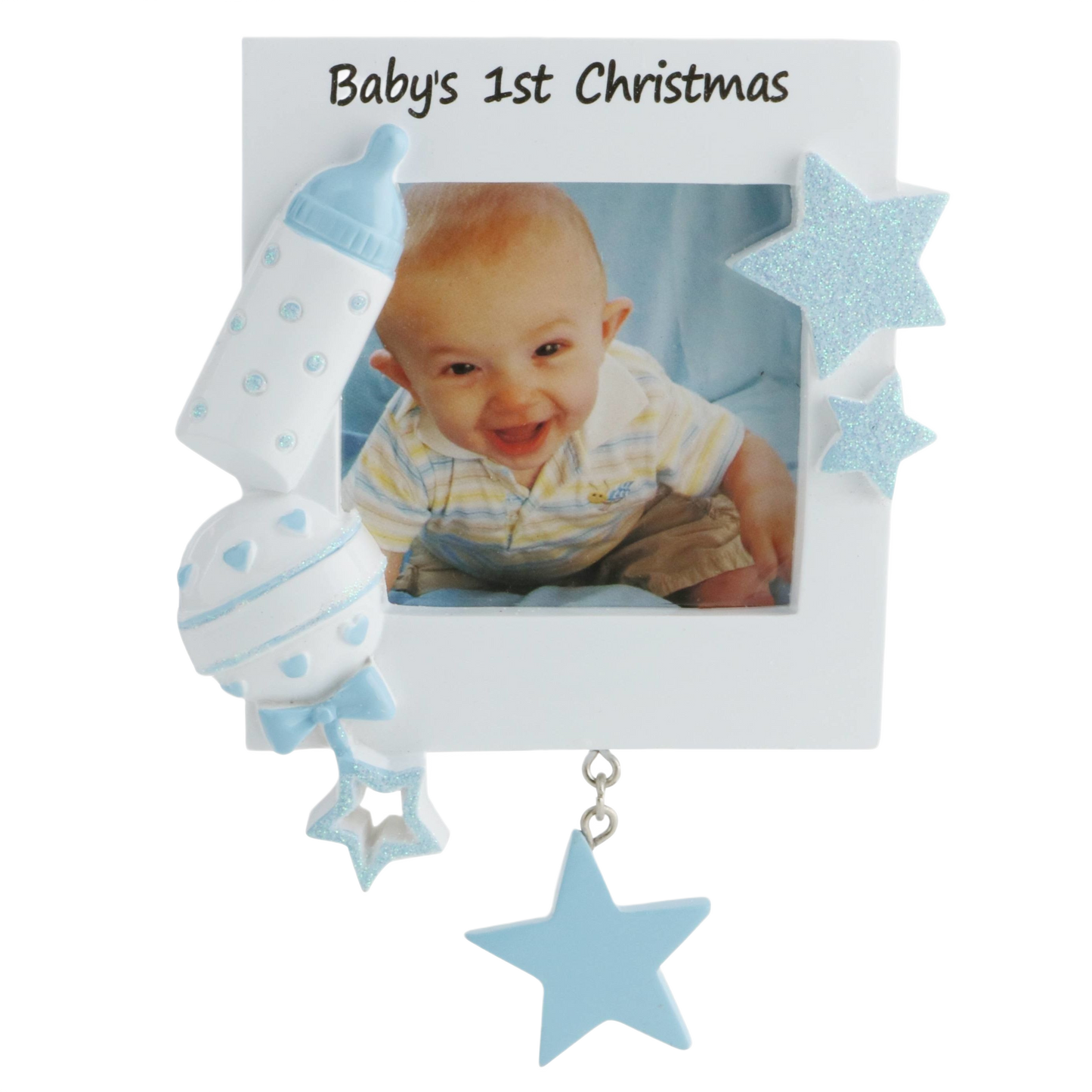 White picture frame with blue glitter stars and baby bottle accents from Christmas Ornaments & Tree Decorations collection