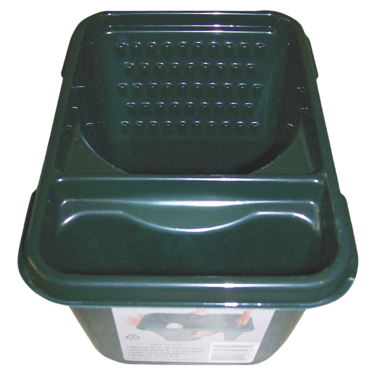 Black plastic paint tray with separate compartments for brush and roller in painting supplies collection