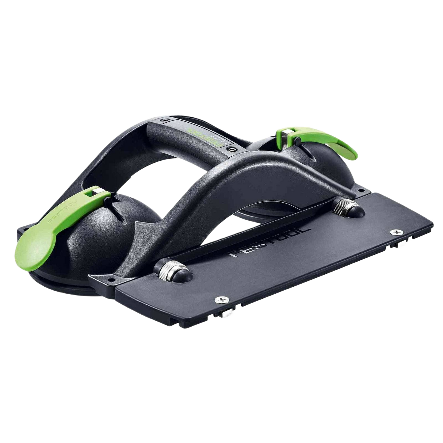 Black and green clamp tool with suction cups for secure attachment to flat surfaces in woodworking tool accessories collections