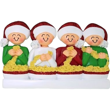 Four smiling figurines in Santa hats holding a popcorn string for Christmas Ornaments & Tree Decorations under $50 collection