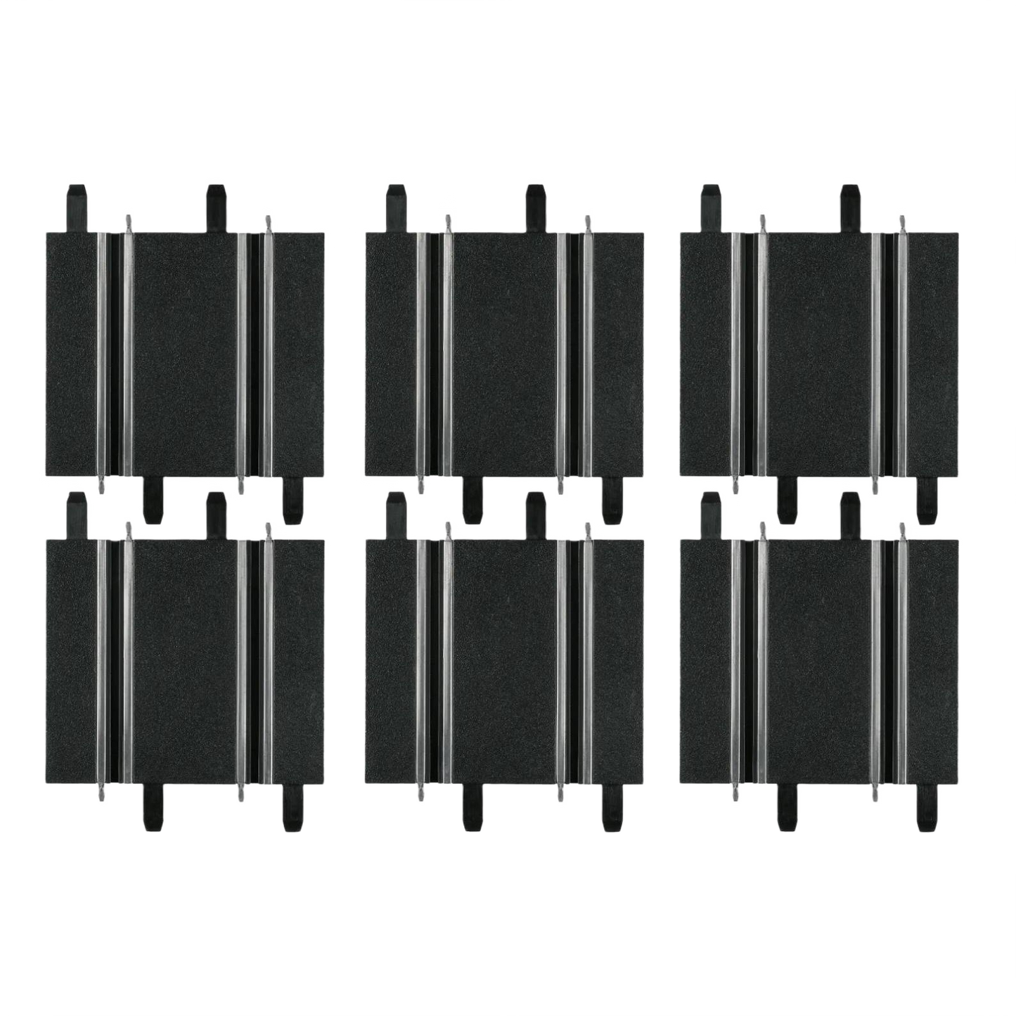 Set of six black plastic straight track pieces for digital slot car racing with connecting tabs on each end