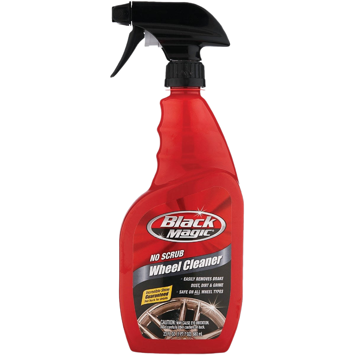 Red spray bottle of Black Magic no-scrub wheel cleaner for automotive use in under $50 and tools collections