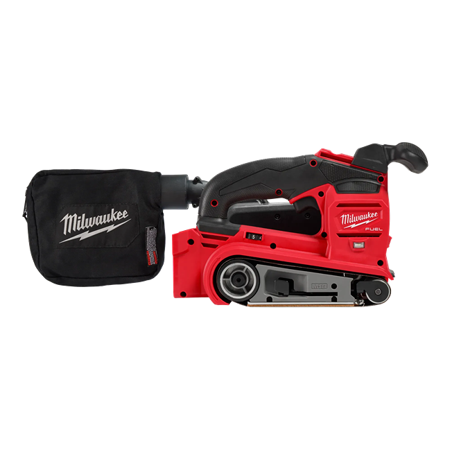 Cordless red and black belt sander with dust collection bag for woodworking tools and home improvement projects