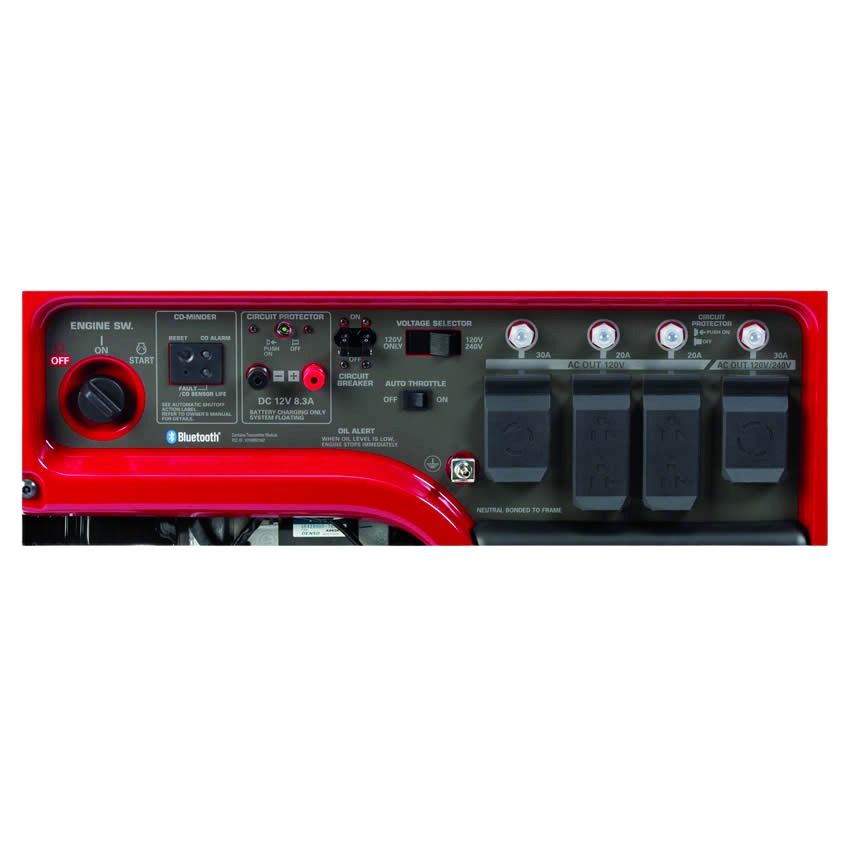 Control panel of a portable generator featuring engine switch, CO-MINDER, circuit protector, voltage selector, multiple AC outlets, and Bluetooth connectivity for outdoor power, rental equipment, and home improvement at Hartville Hardware.