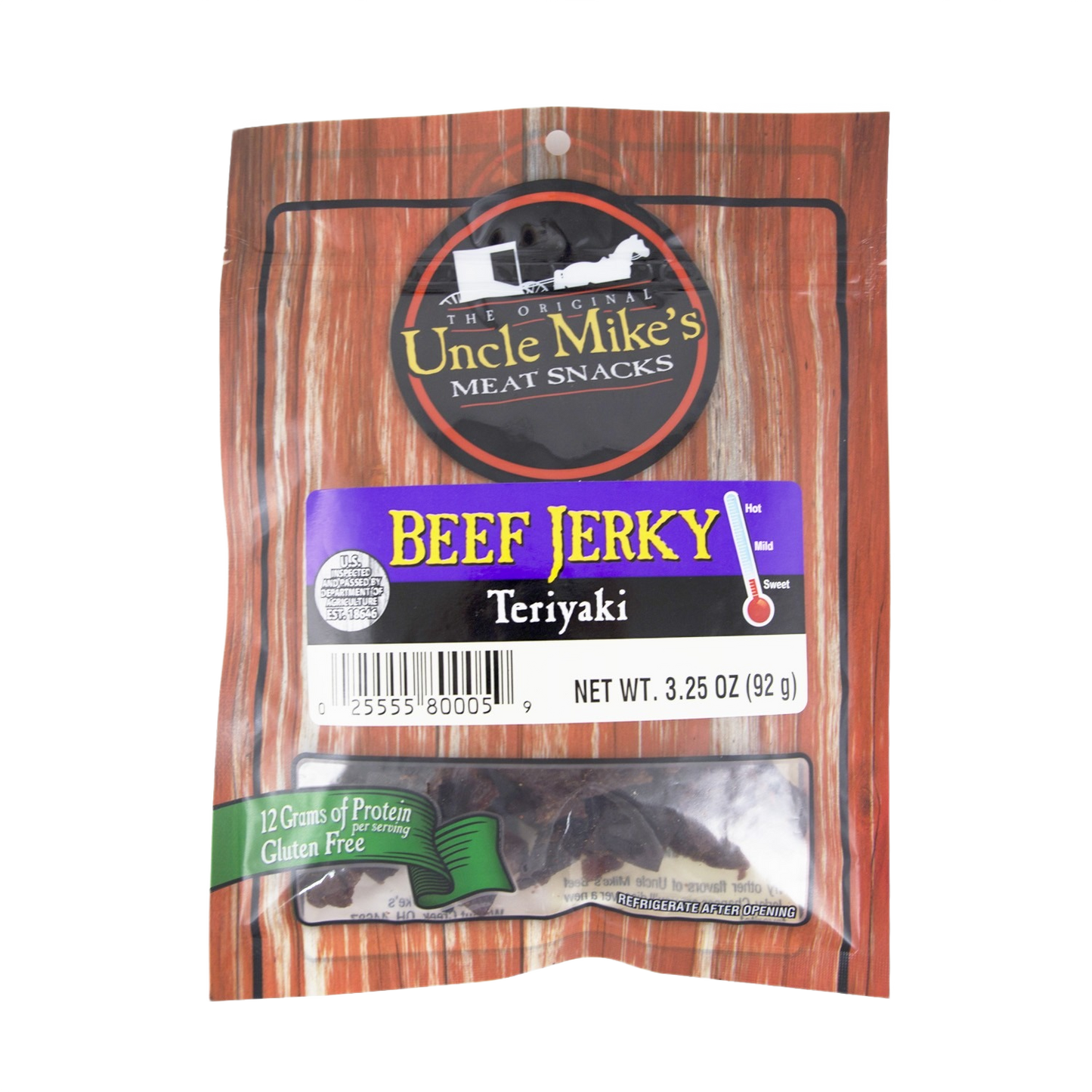 Package of Uncle Mike's teriyaki beef jerky snack with gluten-free and protein highlights in Chips & Snacks and Food & Beverage collections