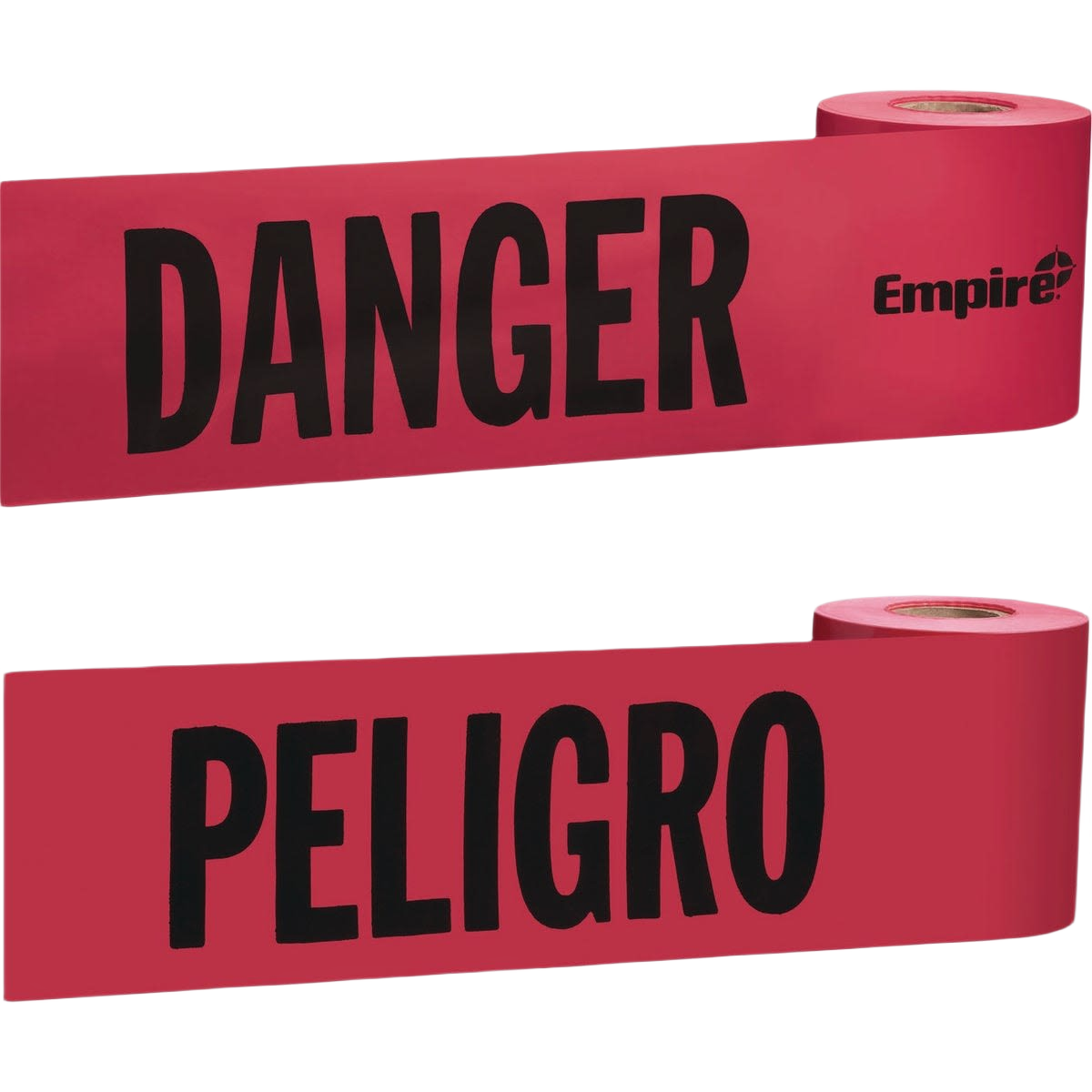 Red Empire branded caution tape roll printed with bold black "DANGER" and "PELIGRO" warnings for safety use