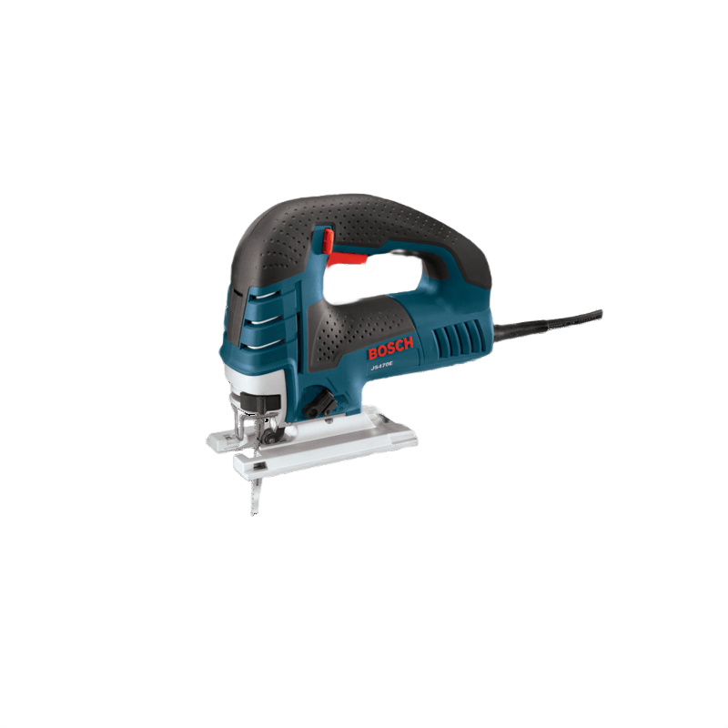 Blue and black jigsaw with ergonomic top handle and red trigger for precision cutting in tools and home improvement projects