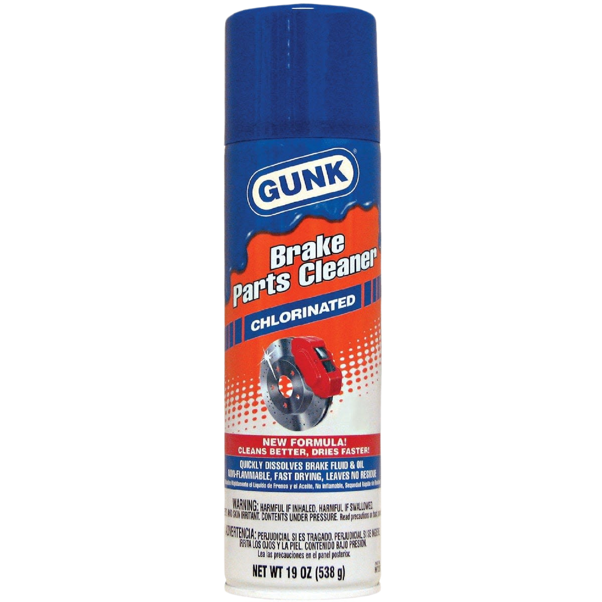 Blue and red aerosol can of brake parts cleaner for removing brake fluid and grime in automotive maintenance tasks