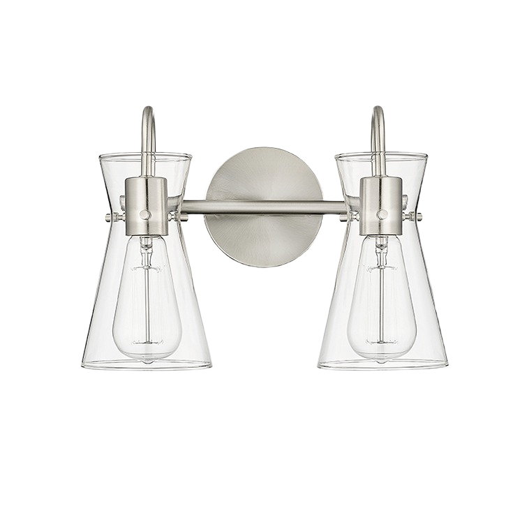 Two-light brushed nickel vanity fixture with clear glass shades for bathroom wall lighting and home improvement