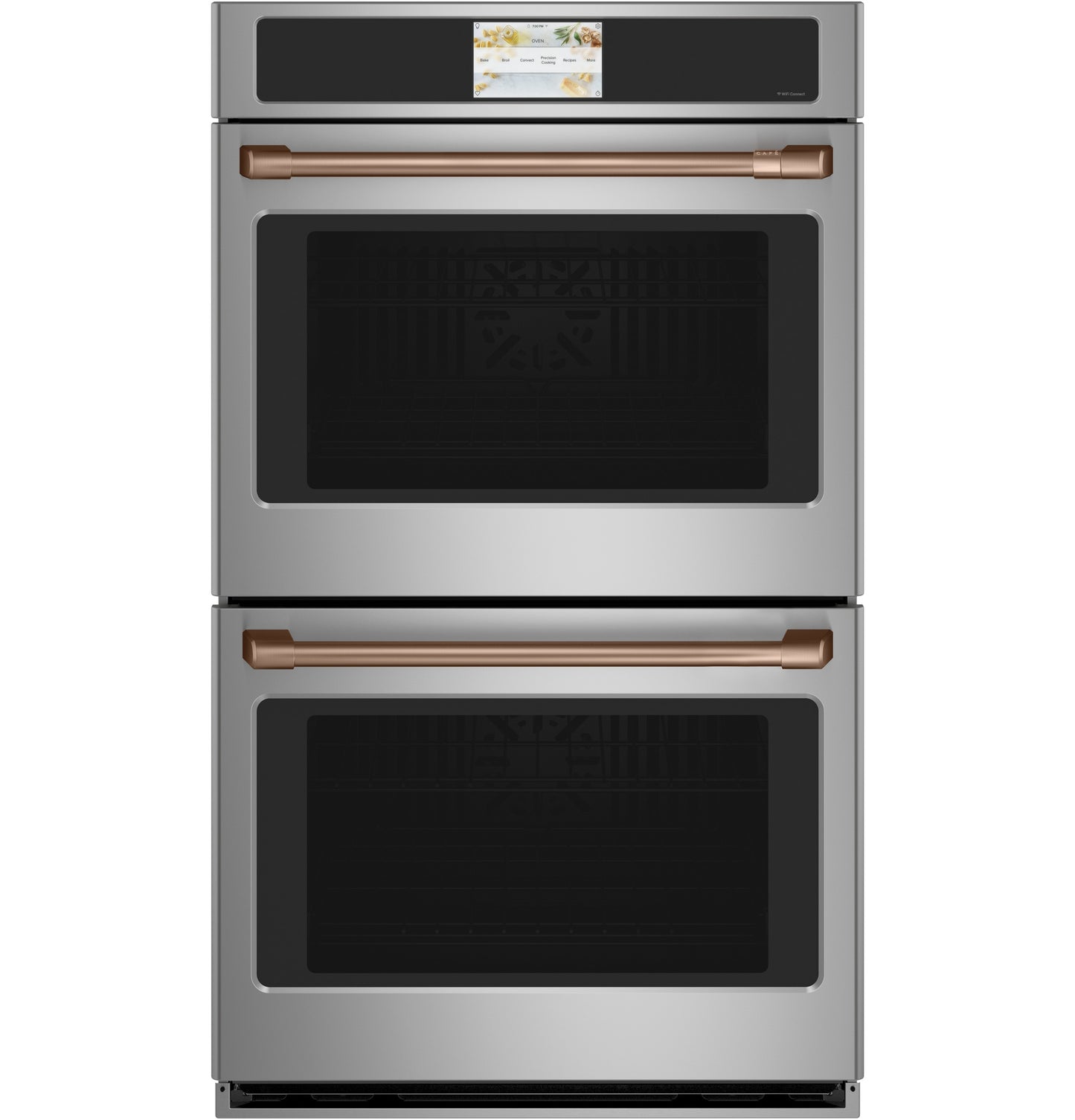 Stainless steel smart double wall oven with convection featuring bronze handles and digital touchscreen control panel