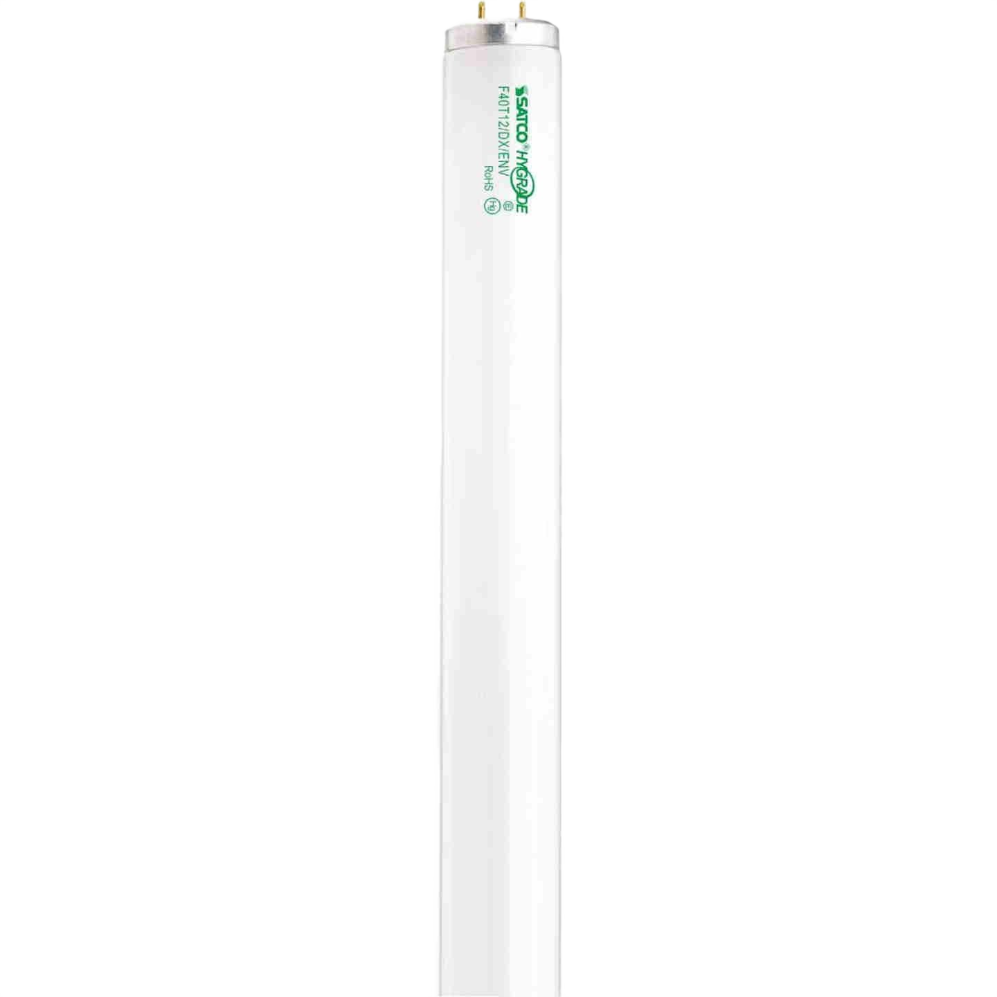 White T12 fluorescent tube light bulb with metal end caps for electrical and lighting ceiling fan installations.