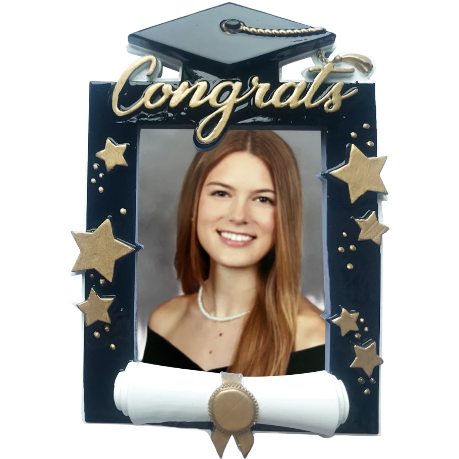 Black and gold graduation photo frame ornament with stars, diploma detail, and Congrats script in Christmas Ornaments collection under $50