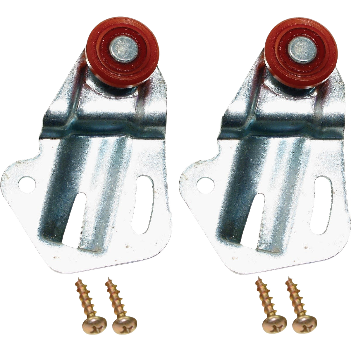 Pair of metal door hangers with red rollers and mounting screws for door hardware and home improvement use