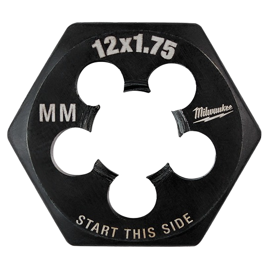 Black hex threading die marked 12x1.75 mm with laser-etched sizing for metal thread repair in tool accessories collection