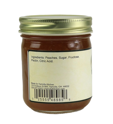 Back view of 9 oz. peach jam jar with ingredients label in jams and jellies under $25 collection