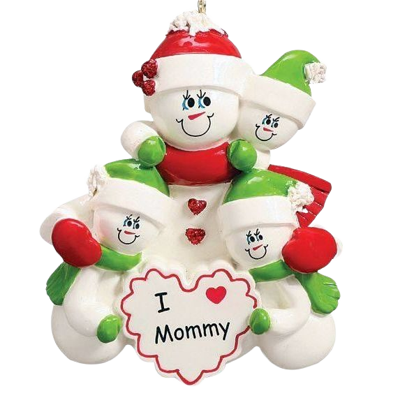 Festive snow family ornament with “I Love Mommy” heart, personalized Christmas ornament under $50 collection